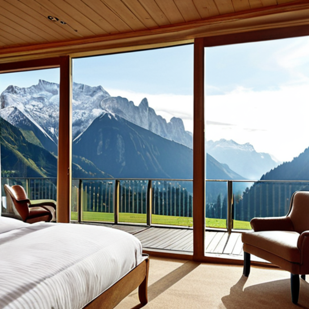 **Prompt:** A luxurious hotel room with panoramic windows showcasing the majestic Alps in Liechtenstein. The room is stylishly decorated, with a cozy armchair by the window, inviting guests to enjoy the breathtaking mountain view. Focus on capturing the serene and peaceful atmosphere.