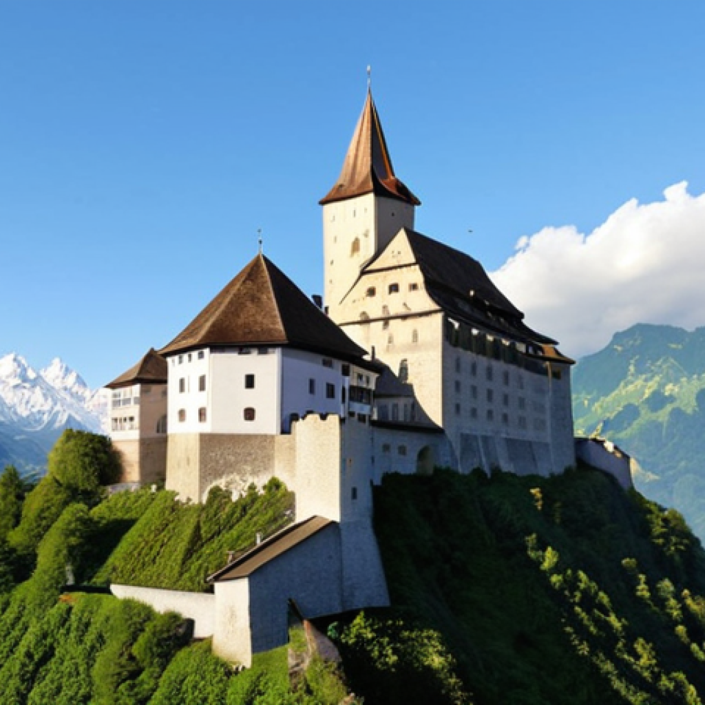 **A picturesque view of Vaduz Castle perched atop a hill in Liechtenstein, showcasing its iconic status with the Alps in the background.**