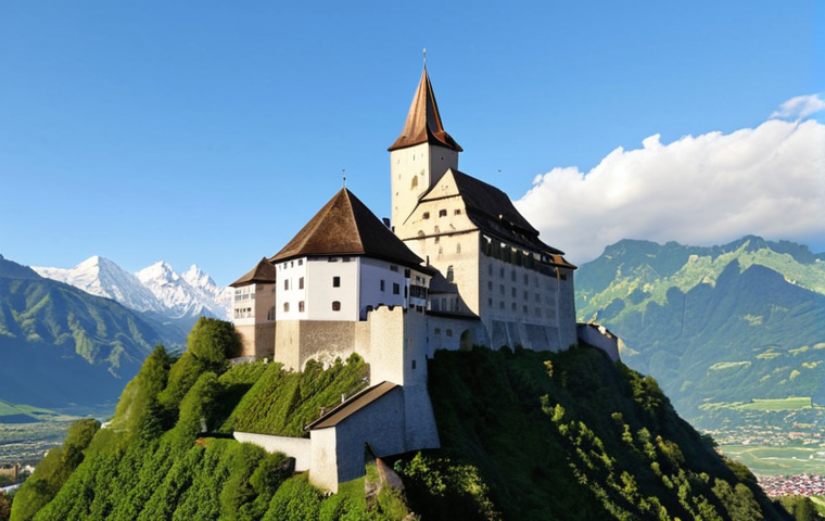 **A picturesque view of Vaduz Castle perched atop a hill in Liechtenstein, showcasing its iconic status with the Alps in the background.**