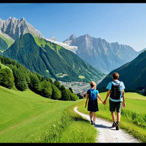 Home 24 A young adult couple, fully clothed in modest, comfortable hiking attire, walking hand-in-hand on a scenic alpine trail in Liechtenstein. The background features lush green valleys, majestic mountain peaks under a clear blue sky, and a tiny, picturesque village nestled in the distance. The atmosphere is peaceful and serene, with the couple enjoying the natural beauty. The image should convey professional photography quality, perfect anatomy, correct proportions, well-formed hands, proper finger count, and natural body proportions. This is a safe for work, appropriate content, family-friendly depiction.
