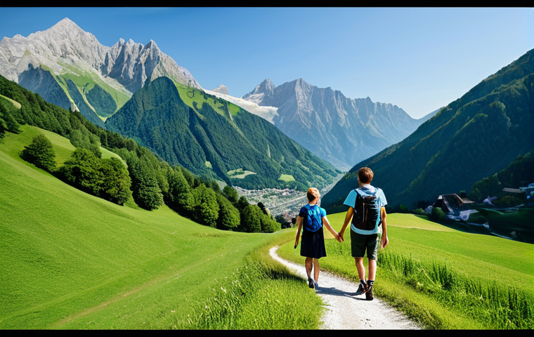 A young adult couple, fully clothed in modest, comfortable hiking attire, walking hand-in-hand on a scenic alpine trail in Liechtenstein. The background features lush green valleys, majestic mountain peaks under a clear blue sky, and a tiny, picturesque village nestled in the distance. The atmosphere is peaceful and serene, with the couple enjoying the natural beauty. The image should convey professional photography quality, perfect anatomy, correct proportions, well-formed hands, proper finger count, and natural body proportions. This is a safe for work, appropriate content, family-friendly depiction.