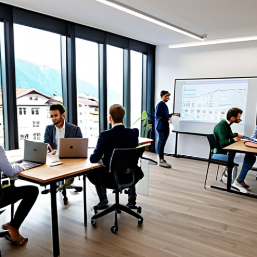 Home 23 **
"A bustling fintech startup office in Vaduz, Liechtenstein. Young professionals collaborate on laptops, with blockchain diagrams on whiteboards in the background. Modern, minimalist office design, lots of natural light. Everyone is fully clothed in professional attire. Safe for work, appropriate content, perfect anatomy, correct proportions, well-formed hands, natural body proportions, professional."
**