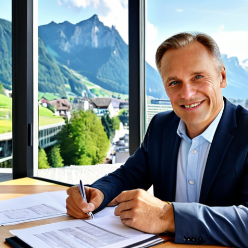 Home 22 Successful Business in Liechtenstein**
A modern office scene in Vaduz, Liechtenstein. A successful, well-dressed businessman (early 40s, friendly face) sits at a clean desk. He is reviewing financial documents with a contented expression. Through the large window, a view of the scenic Liechtenstein Alps. The scene emphasizes prosperity and stability. Safe for work, appropriate content, fully clothed, professional, modern, family-friendly. Perfect anatomy, correct proportions, natural pose, well-formed hands, proper finger count, natural body proportions. High quality, professional photography.
**