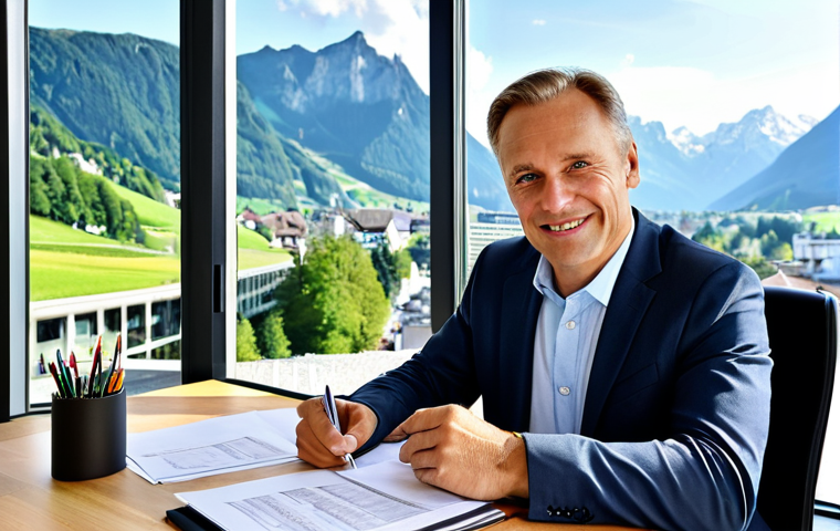 Successful Business in Liechtenstein**

A modern office scene in Vaduz, Liechtenstein. A successful, well-dressed businessman (early 40s, friendly face) sits at a clean desk. He is reviewing financial documents with a contented expression. Through the large window, a view of the scenic Liechtenstein Alps. The scene emphasizes prosperity and stability. Safe for work, appropriate content, fully clothed, professional, modern, family-friendly. Perfect anatomy, correct proportions, natural pose, well-formed hands, proper finger count, natural body proportions. High quality, professional photography.

**
