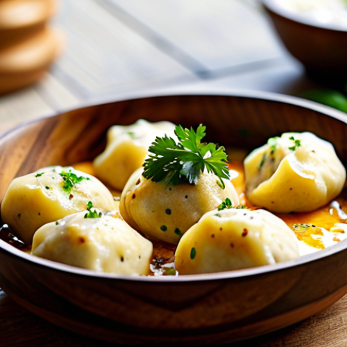 Home 9 Käseknöpfle Presentation**
"A close-up studio shot of Käseknöpfle, the small Liechtenstein dumplings, served in a rustic wooden bowl. The Käseknöpfle are golden brown and covered in melted alpine cheese. Garnish with a sprig of fresh parsley. Background is a blurred, warm kitchen setting. Perfect anatomy, correct proportions, professional food photography, high resolution, safe for work, appropriate content, fully clothed, professional."
**