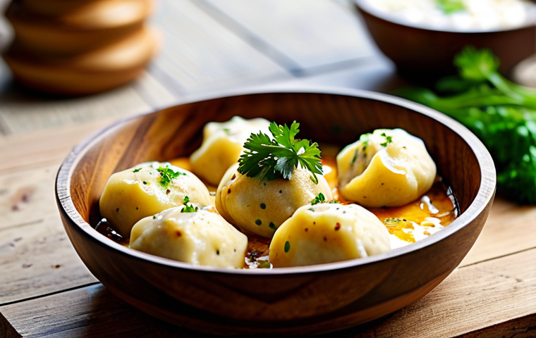 Käseknöpfle Presentation**

"A close-up studio shot of Käseknöpfle, the small Liechtenstein dumplings, served in a rustic wooden bowl. The Käseknöpfle are golden brown and covered in melted alpine cheese. Garnish with a sprig of fresh parsley. Background is a blurred, warm kitchen setting. Perfect anatomy, correct proportions, professional food photography, high resolution, safe for work, appropriate content, fully clothed, professional."

**