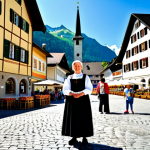 리히텐슈타인에서 주의해야 할 문화적 차이 - **Subject:** A friendly local in traditional Liechtenstein attire, fully clothed, standing in a vill...